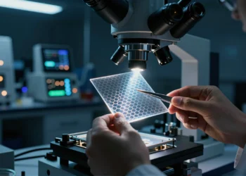 Electrones en grafeno fluyen como un líquido casi sin fricción, desafiando una ley física de dos siglos 7 Researcher manipulating a graphene sample under an electron microscope in a nanoscience lab.