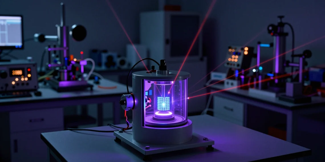 Quantum physics lab with a vacuum chamber and glowing Rydberg atoms detecting weak electric fields.