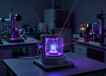 Una cadena de átomos hace lo que laboratorios enteros no lograban: detectar campos eléctricos débiles con precisión direccional 1 Quantum physics lab with a vacuum chamber and glowing Rydberg atoms detecting weak electric fields.