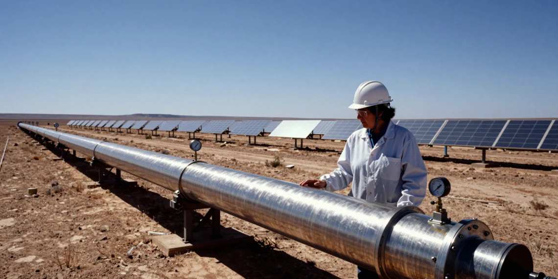 Female researcher with tubular receiver prototype in a solar thermal field in Spain under bright sunlight.