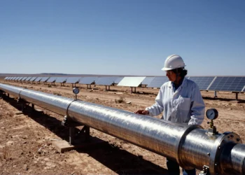 Décadas descartando gases en la energía solar térmica: un equipo español demuestra que el problema nunca fue el gas, sino el receptor 8 Female researcher with tubular receiver prototype in a solar thermal field in Spain under bright sunlight.
