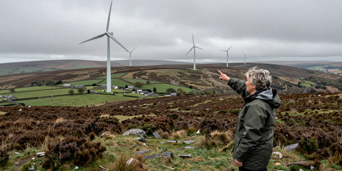 Elderly woman overlooking wind turbines and traditional cottages in rural Wales, highlighting energy debate.