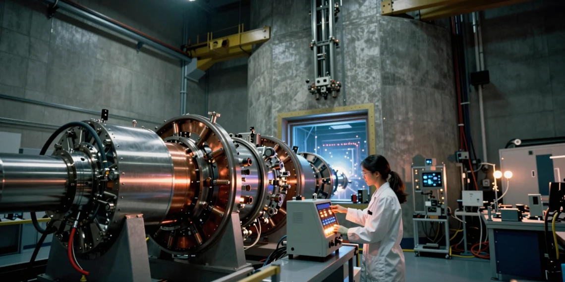 Recreada por primera vez en un laboratorio una reacción cósmica que forma uno de los elementos más raros del universo 1 A female researcher in a lab coat stands beside a large particle accelerator, showcasing a cosmic reaction experiment.