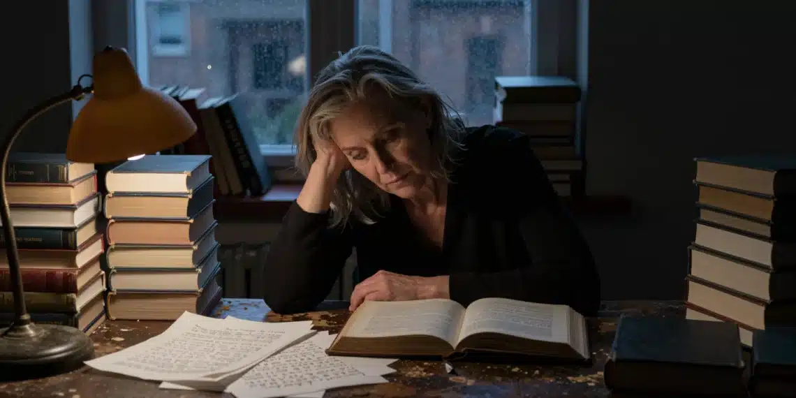 Pensar demasiado destruye el amor: la filósofa Martha Nussbaum explica por qué el intelecto nos miente sobre lo que sentimos 1 A contemplative woman rests her head on her hand at a cluttered desk, surrounded by philosophy books and handwritten notes.