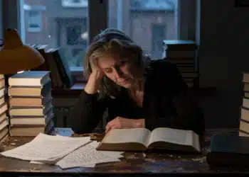 Pensar demasiado destruye el amor: la filósofa Martha Nussbaum explica por qué el intelecto nos miente sobre lo que sentimos 4 A contemplative woman rests her head on her hand at a cluttered desk, surrounded by philosophy books and handwritten notes.