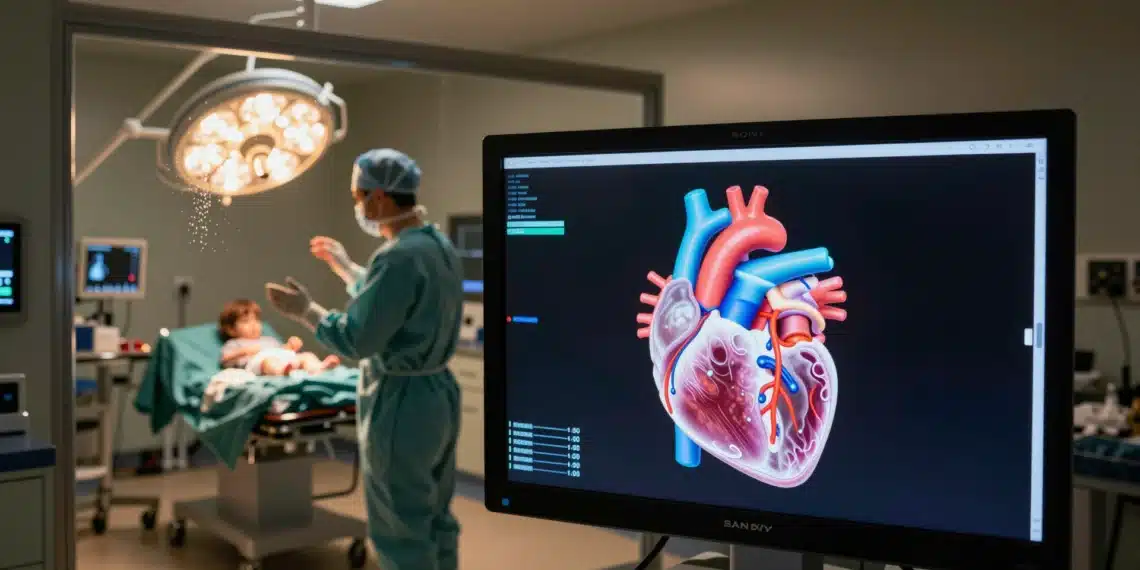 A high-resolution monitor displays a 3D digital heart model in a pediatric cardiac surgery observation room.