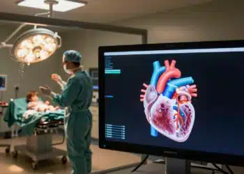 Nacido de la impotencia de un padre: el corazón virtual que ya ha guiado casi 2.000 cirugías reales 2 A high-resolution monitor displays a 3D digital heart model in a pediatric cardiac surgery observation room.