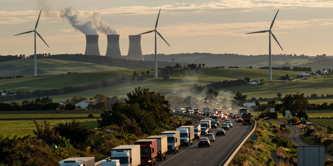 Emisiones de la UE caen un 40% desde 1990, pero el transporte por carretera y los bosques cuentan una historia diferente 1 Contrasting European landscape showing highway congestion and wind farm, symbolizing environmental challenges and progress.