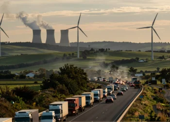 Contrasting European landscape showing highway congestion and wind farm, symbolizing environmental challenges and progress.