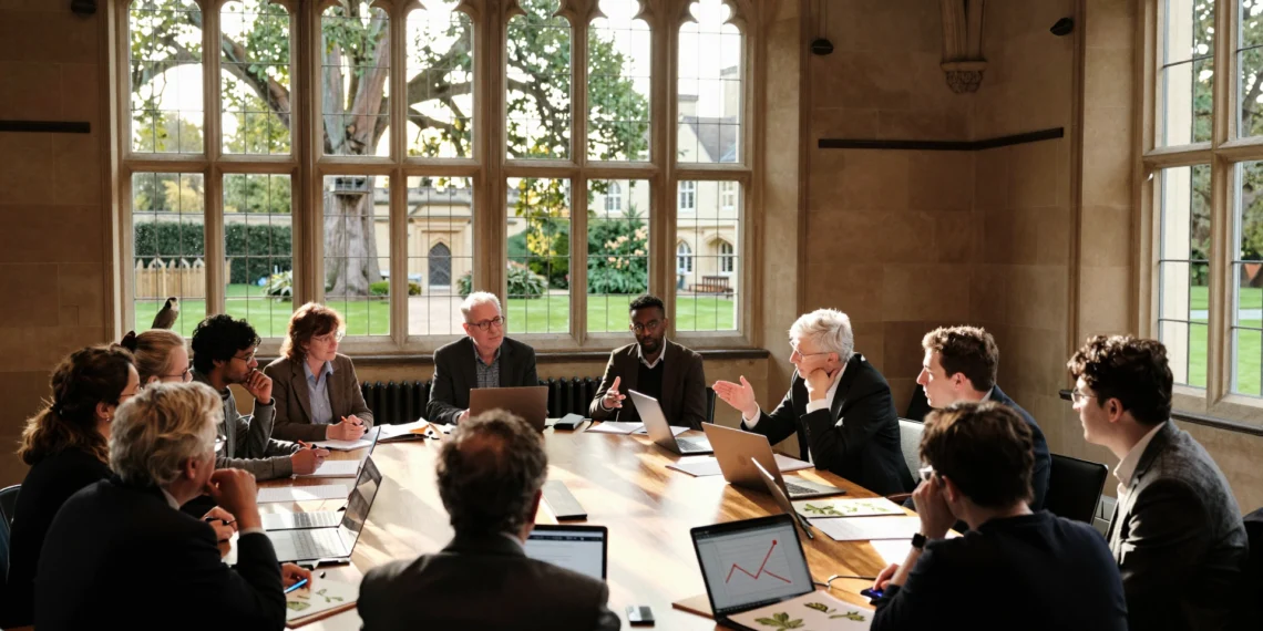 Naciones Unidas prepara un índice que no mide cuánto destruimos la naturaleza, sino cómo convivimos con ella 1 Group of scholars discussing nature coexistence at Oxford University, with light streaming through Gothic windows.