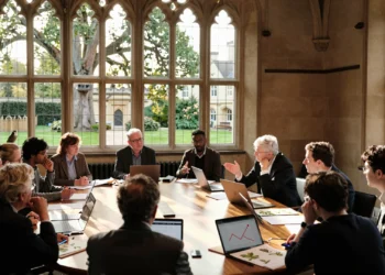 Group of scholars discussing nature coexistence at Oxford University, with light streaming through Gothic windows.