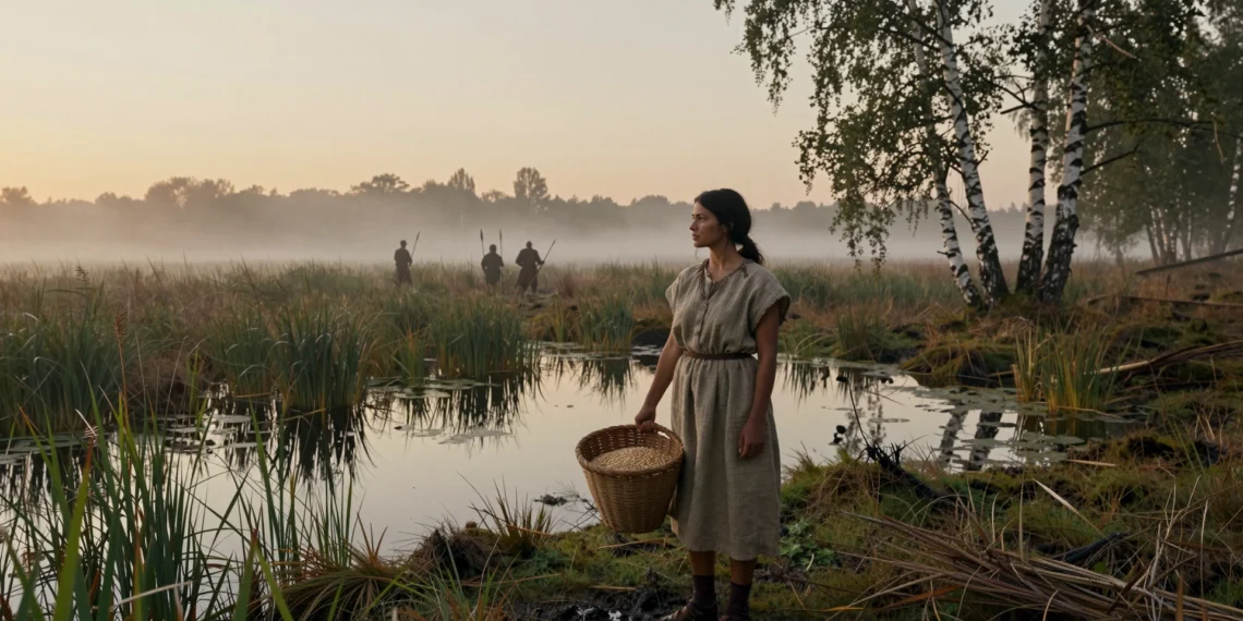 ADN antiguo desvela que fueron las mujeres agricultoras quienes llevaron la agricultura a los cazadores-recolectores del norte de Europa 1 Mujer agricultora neolítica con cesta de semillas en un paisaje pantanoso del norte de Europa al amanecer