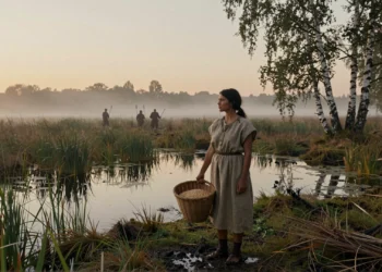 ADN antiguo desvela que fueron las mujeres agricultoras quienes llevaron la agricultura a los cazadores-recolectores del norte de Europa 4 Mujer agricultora neolítica con cesta de semillas en un paisaje pantanoso del norte de Europa al amanecer