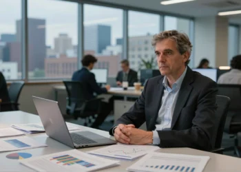 Economista distinguido en su despacho rodeado de informes y gráficos de empleo, con skyline urbano al fondo