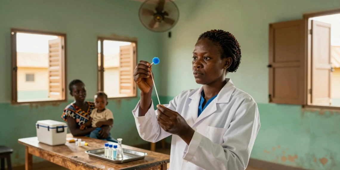 Una viróloga nigeriana creó un test de rotavirus que funciona sin electricidad ni laboratorio: así podría cambiar el diagnóstico infantil en África 1 Viróloga nigeriana examina un hisopo azul en una clínica rural, simbolizando innovación en diagnóstico.