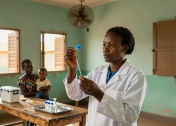 Una viróloga nigeriana creó un test de rotavirus que funciona sin electricidad ni laboratorio: así podría cambiar el diagnóstico infantil en África 6 Viróloga nigeriana examina un hisopo azul en una clínica rural, simbolizando innovación en diagnóstico.