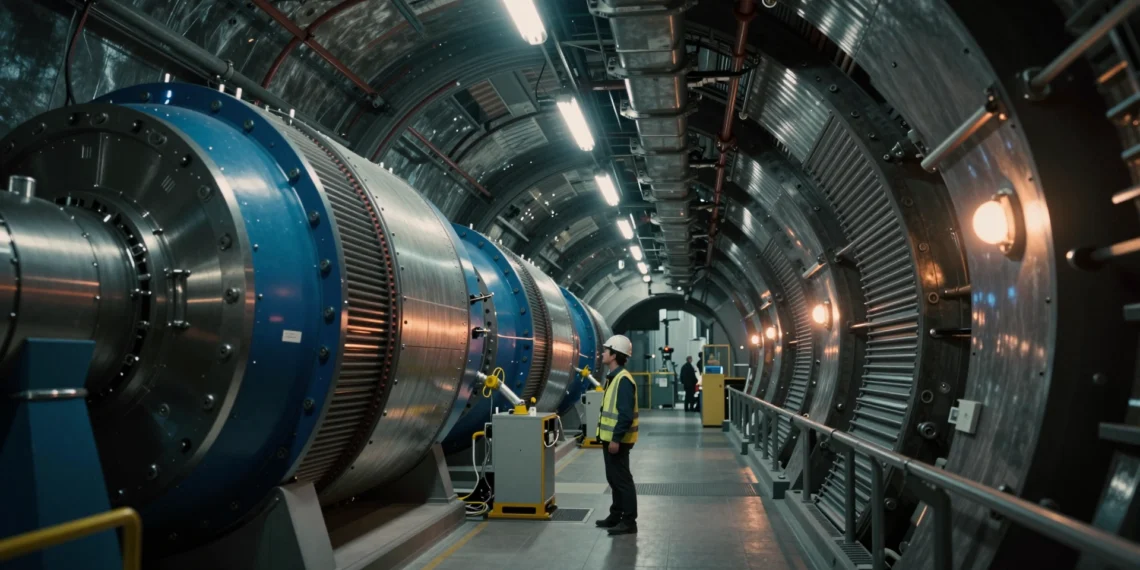 Partículas que no deberían comportarse así: el LHC registra señales que el Modelo Estándar no puede explicar 1 Físico en el túnel del LHC del CERN rodeado de imanes superconductores azules y plateados