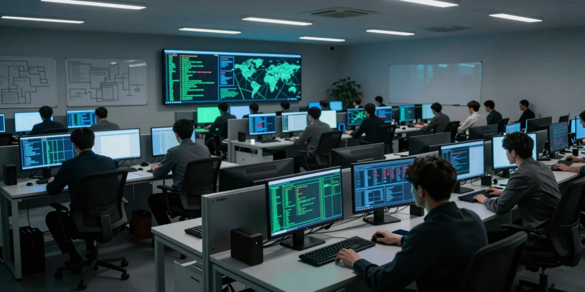 Cibercrimen industrializado: cómo los delincuentes digitales adoptaron la estructura de una empresa para atacar a mayor escala 1 Oficina corporativa en penumbra reconvertida en operación cibercriminal con pantallas azules y figuras anónimas