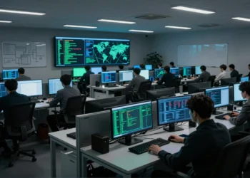 Cibercrimen industrializado: cómo los delincuentes digitales adoptaron la estructura de una empresa para atacar a mayor escala 2 Oficina corporativa en penumbra reconvertida en operación cibercriminal con pantallas azules y figuras anónimas