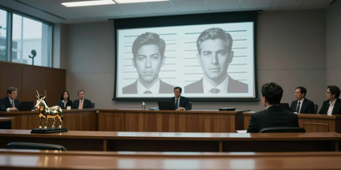 Un trofeo de trasero de burro, fotos de ficha policial y 134.000 millones en juego: así terminó el juicio del siglo de la IA 1 Sala de juicios con pantalla mostrando retratos de ejecutivos tech y trofeo de burro en mesa de abogados