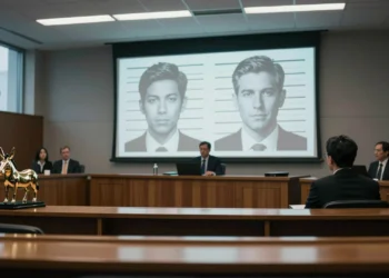 Un trofeo de trasero de burro, fotos de ficha policial y 134.000 millones en juego: así terminó el juicio del siglo de la IA 3 Sala de juicios con pantalla mostrando retratos de ejecutivos tech y trofeo de burro en mesa de abogados