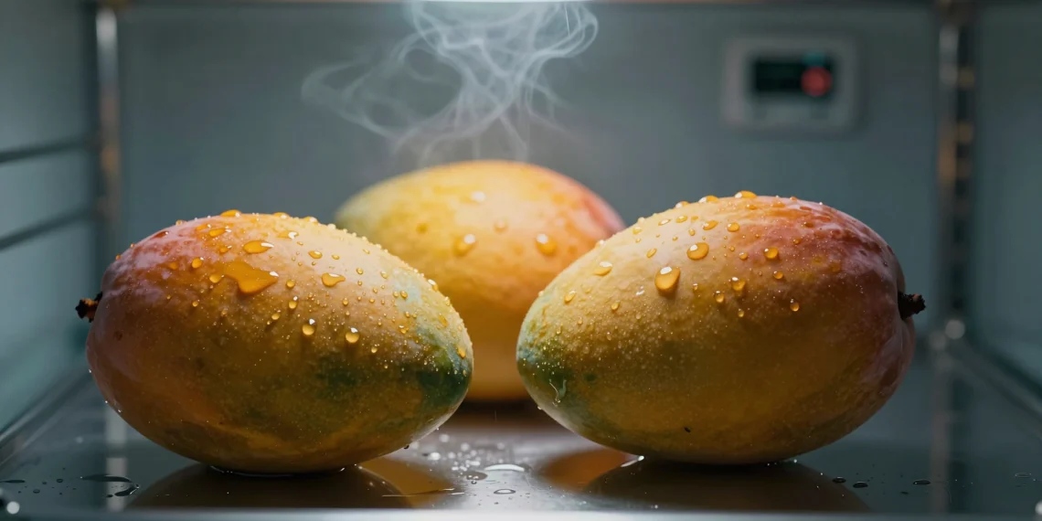 Guardados a exactamente 12 °C, los mangos revelan un sistema de defensa interno que nadie había logrado documentar hasta ahora 1 Tres mangos maduros sobre superficie metálica fría a 12 °C en instalación frigorífica de laboratorio científico