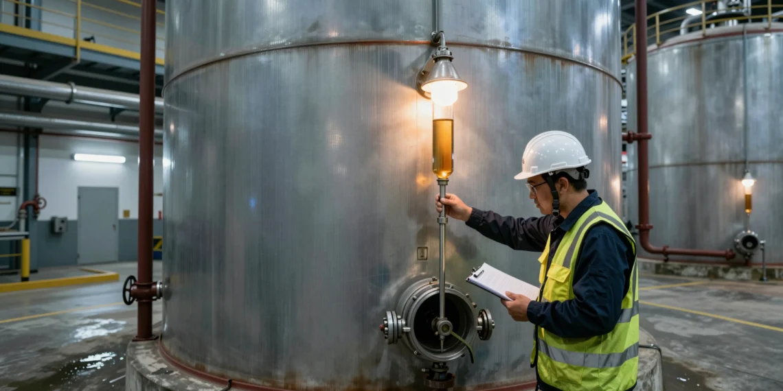 Medir la gasolina no es tan sencillo: los criterios ocultos que determinan si un tanque cumple la norma 1 Técnico tomando muestra de combustible en tanque de almacenamiento de refinería petrolera industrial