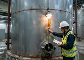 Medir la gasolina no es tan sencillo: los criterios ocultos que determinan si un tanque cumple la norma 5 Técnico tomando muestra de combustible en tanque de almacenamiento de refinería petrolera industrial
