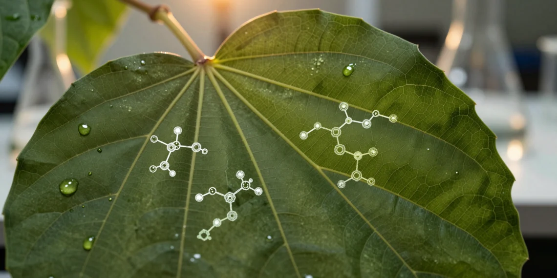 Científicos descifran cómo las plantas fabrican un compuesto anticancerígeno que durante décadas había escapado a la ciencia 1 Hoja tropical con estructuras moleculares cristalinas emergiendo de sus venas, símbolo del descubrimiento anticancerígeno