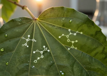 Científicos descifran cómo las plantas fabrican un compuesto anticancerígeno que durante décadas había escapado a la ciencia 8 Hoja tropical con estructuras moleculares cristalinas emergiendo de sus venas, símbolo del descubrimiento anticancerígeno