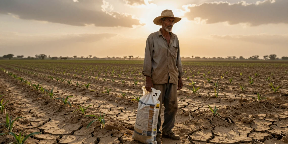 La escasez global de fertilizantes está acelerando una revolución silenciosa en los campos de cultivo 1 Agricultor con bolsa vacía de fertilizante frente a campo árido y agrietado bajo luz dorada de atardecer