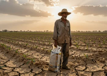 Agricultor con bolsa vacía de fertilizante frente a campo árido y agrietado bajo luz dorada de atardecer