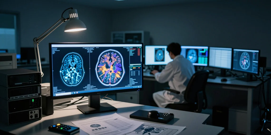 Cuatro mil cerebros escaneados y la ciencia seguía mirando en la dirección equivocada 1 Investigador en bata blanca estudiando un escáner cerebral MRI en un laboratorio de neurociencia a oscuras