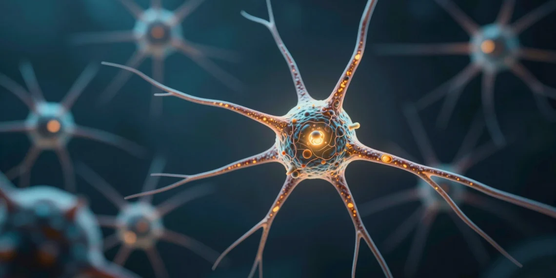 Investigadores de Cambridge logran reactivar la regeneración nerviosa que se creía perdida para siempre en el cerebro y la médula espinal 1 Neurona iluminada con axones regenerándose en la oscuridad, símbolo del avance de Cambridge en regeneración nerviosa