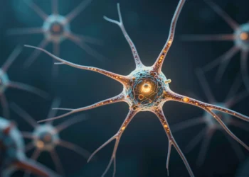 Investigadores de Cambridge logran reactivar la regeneración nerviosa que se creía perdida para siempre en el cerebro y la médula espinal 1 Neurona iluminada con axones regenerándose en la oscuridad, símbolo del avance de Cambridge en regeneración nerviosa