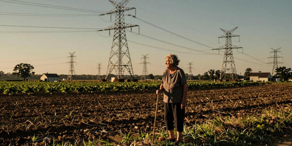 Deborah Blackburn no quiere ceder su tierra: la línea eléctrica que divide la Virginia rural para alimentar los centros de datos de la era de la IA 1 Anciana apoyada en un bastón frente a torres de transmisión eléctrica gigantes en campos agrícolas de Virginia rural