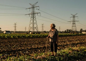 Anciana apoyada en un bastón frente a torres de transmisión eléctrica gigantes en campos agrícolas de Virginia rural