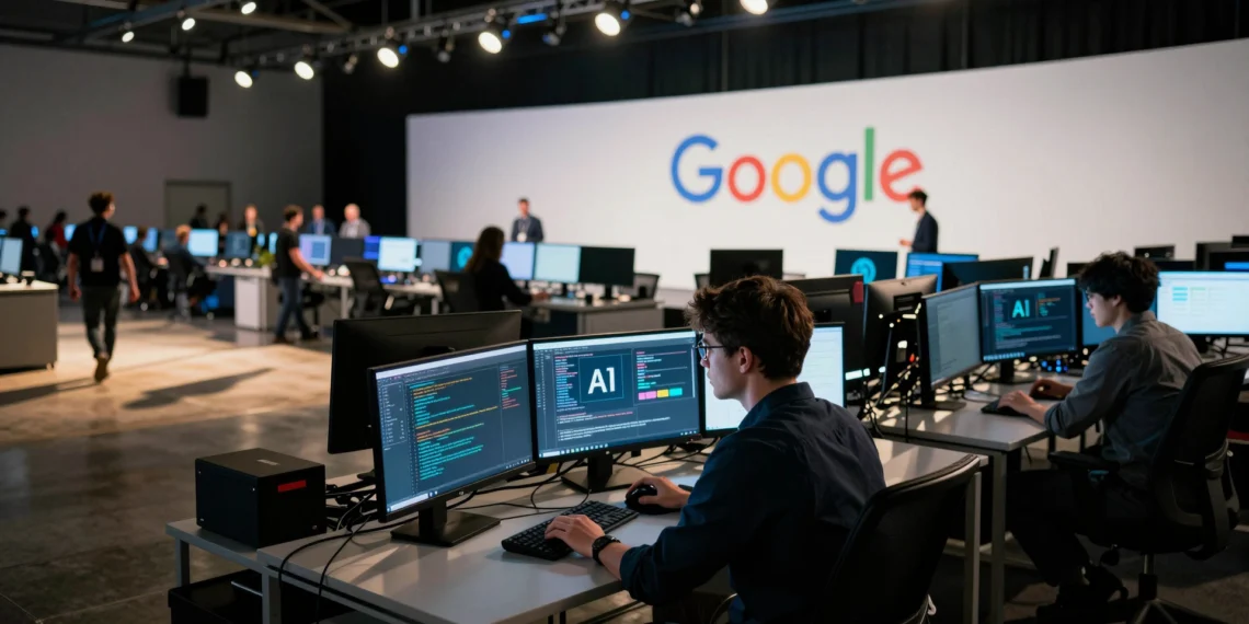 Google llega a su gran conferencia anual en el tercer puesto de la carrera de la IA, y sus propios ingenieros usan herramientas de la competencia 1 Ingeniero de software frente a pantallas con IA en sala de conferencias de Google en Mountain View, California