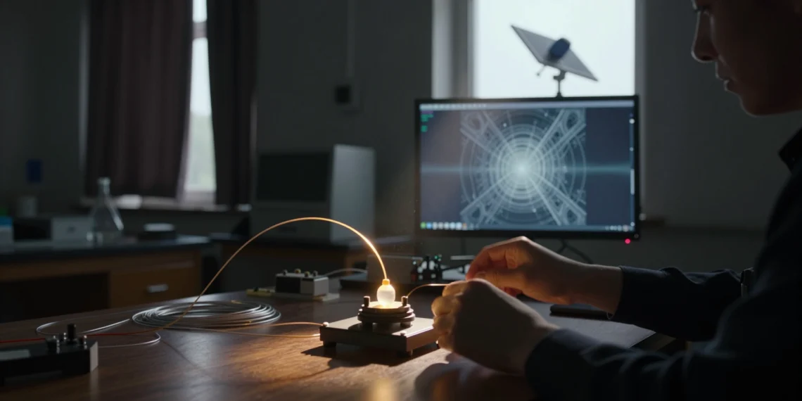 Luz solar convierte un experimento cuántico imposible en realidad: imágenes "fantasma" sin láser ni electricidad 1 Investigador ajusta una fibra óptica que conduce luz solar hacia un dispositivo cuántico en laboratorio de física en penumbra