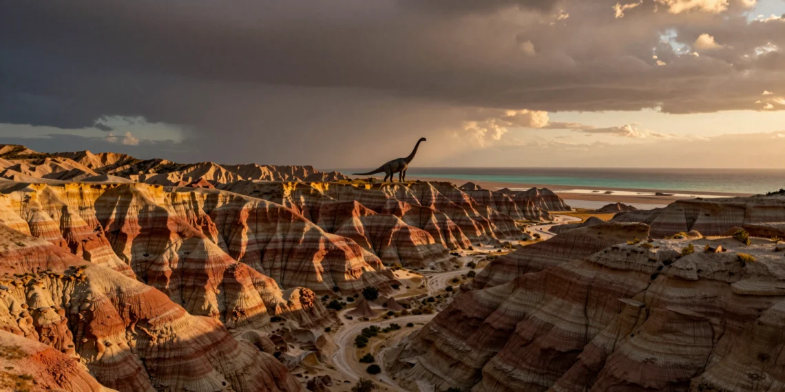Un océano desaparecido hace millones de años esculpió las montañas que los dinosaurios contemplaron en Asia Central 1 Cordillera prehistórica de Asia Central en el Cretácico con un saurópodo gigante ante el mar de Tetis al atardecer