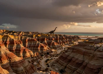Un océano desaparecido hace millones de años esculpió las montañas que los dinosaurios contemplaron en Asia Central 7 Cordillera prehistórica de Asia Central en el Cretácico con un saurópodo gigante ante el mar de Tetis al atardecer