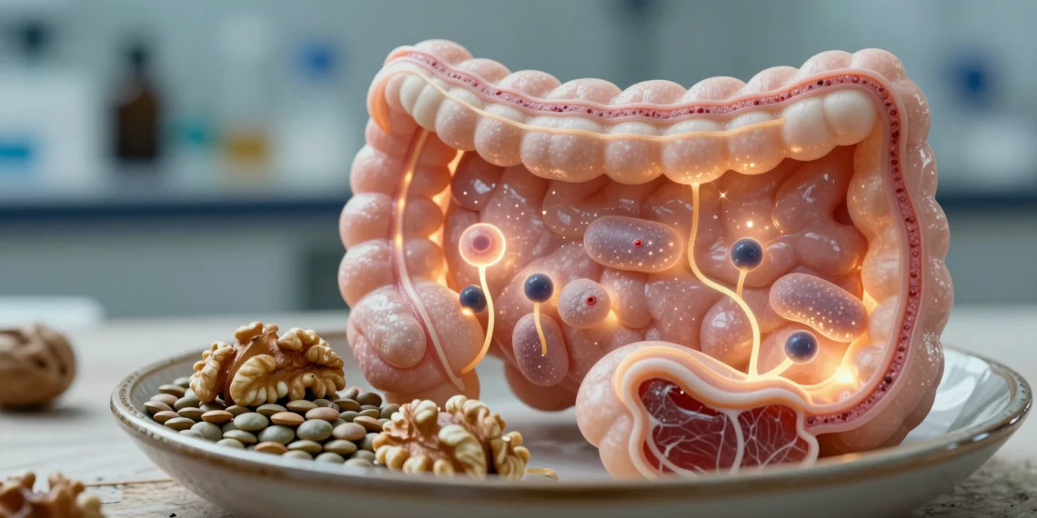 Científicos del MIT identifican un aminoácido presente en carnes y legumbres capaz de regenerar el intestino dañado por quimioterapia 1 Intestino regenerándose con células madre junto a un bol de lentejas, nueces y carne magra sobre madera rústica