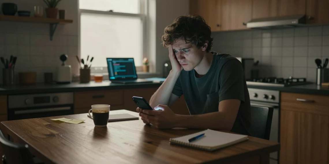 Chatbots de IA filtran números de teléfono reales y las víctimas no pueden hacer casi nada para impedirlo 1 Joven desarrollador mirando su smartphone con inquietud en una cocina tenue, iluminado por la fría luz azul del móvil