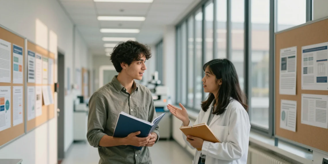 Una conversación casual entre estudiantes de posgrado desemboca en un hallazgo clave sobre las «células zombi» del envejecimiento 1 Dos estudiantes de posgrado conversan en un pasillo universitario sobre células senescentes del envejecimiento