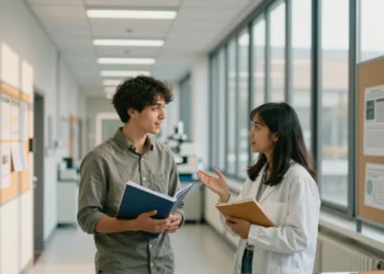 Una conversación casual entre estudiantes de posgrado desemboca en un hallazgo clave sobre las «células zombi» del envejecimiento 2 Dos estudiantes de posgrado conversan en un pasillo universitario sobre células senescentes del envejecimiento