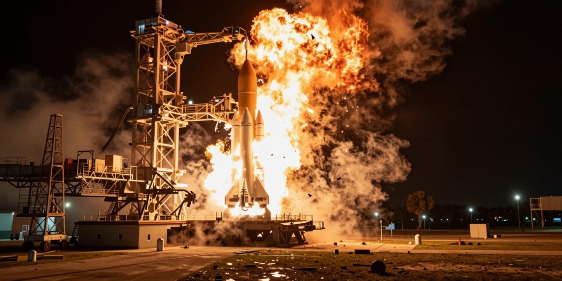 New Glenn explota en la plataforma de lanzamiento días después de recibir autorización para volar: el accidente sacude los planes lunares de la NASA 1 Explosión del cohete New Glenn en la plataforma LC-36 de Cabo Cañaveral, envuelto en llamas y humo naranja