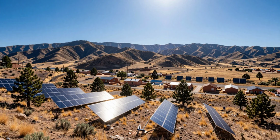 Una cooperativa rural de Nuevo México desafió a los expertos del Departamento de Energía y hoy funciona con energía solar al 100% durante el día 1 Paneles solares en una ladera desértica del norte de Nuevo México con casas adobe y montañas al fondo