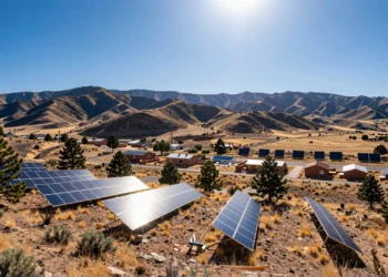 Una cooperativa rural de Nuevo México desafió a los expertos del Departamento de Energía y hoy funciona con energía solar al 100% durante el día 10 Paneles solares en una ladera desértica del norte de Nuevo México con casas adobe y montañas al fondo