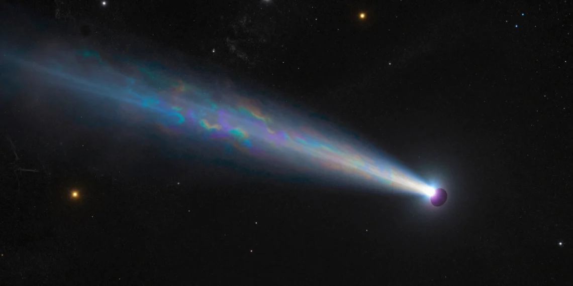 Un cometa llegado de otra estrella transporta un tipo de agua nunca visto en nuestro sistema solar 1 Cometa interestelar brillando en el espacio profundo con un núcleo luminoso y cola azul-blanca.