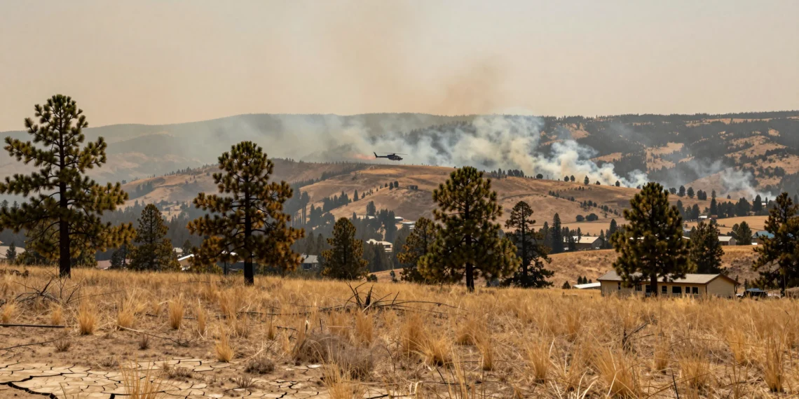 Colorado se prepara para un verano de incendios extremos, pero compartir recursos con estados vecinos será más difícil que nunca 1 Paisaje montañoso de Colorado con tierra agrietada, hierba seca y humo de incendios forestales en el cielo